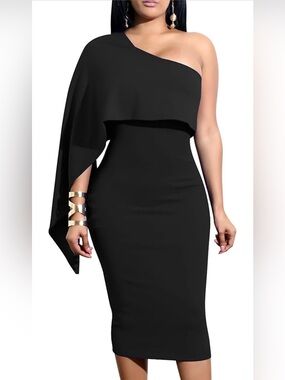 NWOT GOBLES Elegant Asymmetrical One Shoulder Cape Bodycon Black Dress, medium